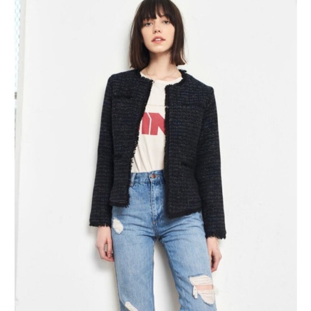 Anine Bing Tweed‎ Navy Blue Gold Fringed Raw Hemline Jacket Blazer Size Small